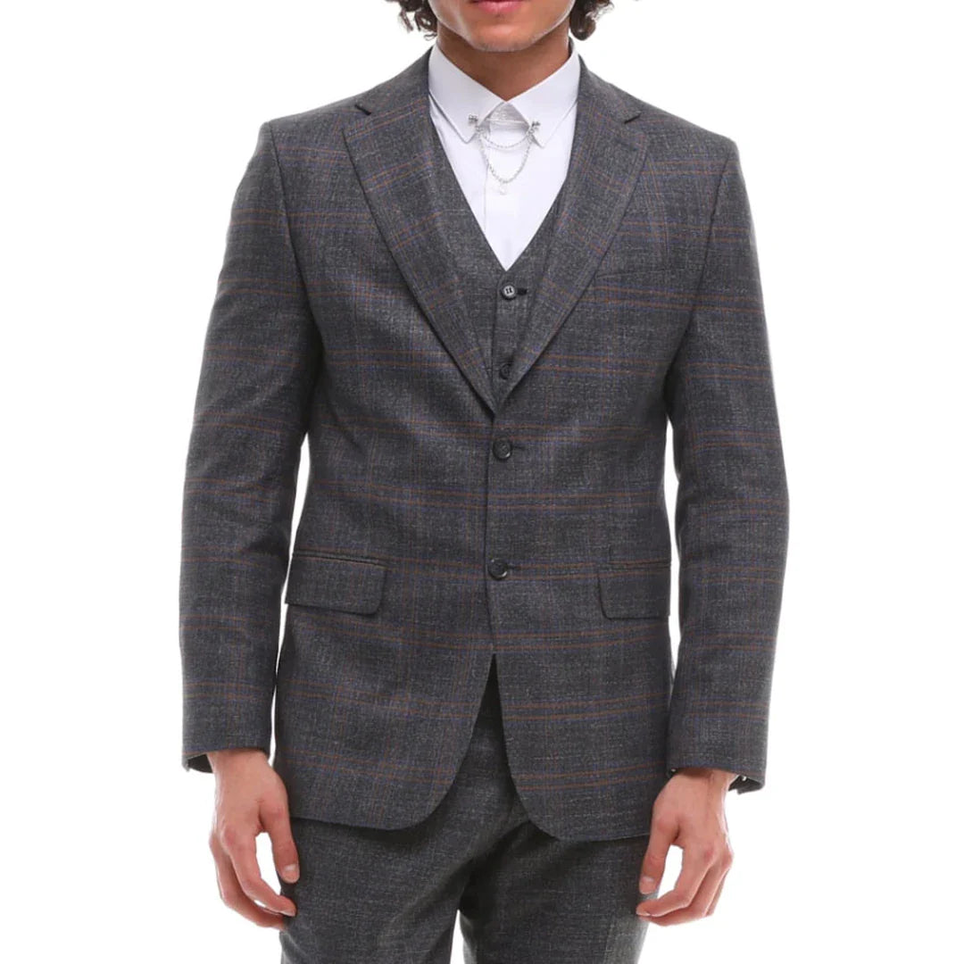 Traje de hombre de 3 piezas, gris y marrón a cuadros, corte entallado, para bodas, graduaciones y carreras de caballos.