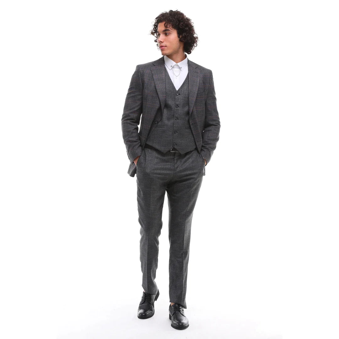 Traje de hombre de 3 piezas, gris y marrón a cuadros, corte entallado, para bodas, graduaciones y carreras de caballos.