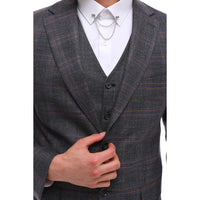 Traje de hombre de 3 piezas, gris y marrón a cuadros, corte entallado, para bodas, graduaciones y carreras de caballos.