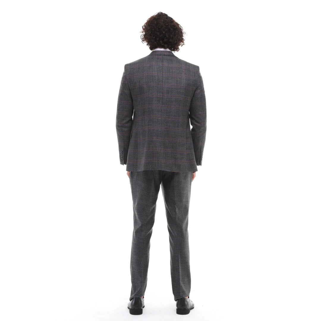 Traje de hombre de 3 piezas, gris y marrón a cuadros, corte entallado, para bodas, graduaciones y carreras de caballos.