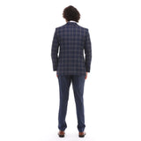 Traje de hombre de 3 piezas, azul marino, gris y marrón a cuadros, chaleco y pantalón en contraste.