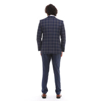 Traje de hombre de 3 piezas, azul marino, gris y marrón a cuadros, chaleco y pantalón en contraste.