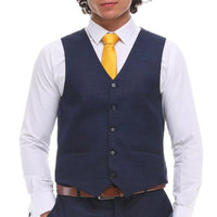 Traje de hombre de 3 piezas, azul marino, gris y marrón a cuadros, chaleco y pantalón en contraste.