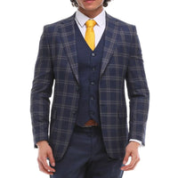 Traje de hombre de 3 piezas, azul marino, gris y marrón a cuadros, chaleco y pantalón en contraste.