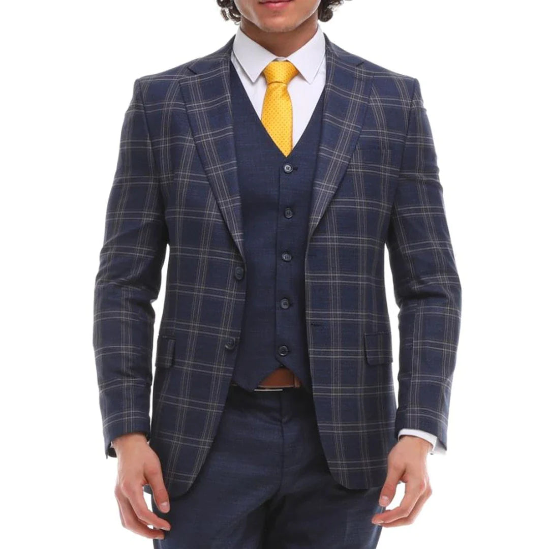 Traje de hombre de 3 piezas, azul marino, gris y marrón a cuadros, chaleco y pantalón en contraste.