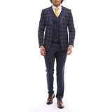 Traje de hombre de 3 piezas, azul marino, gris y marrón a cuadros, chaleco y pantalón en contraste.
