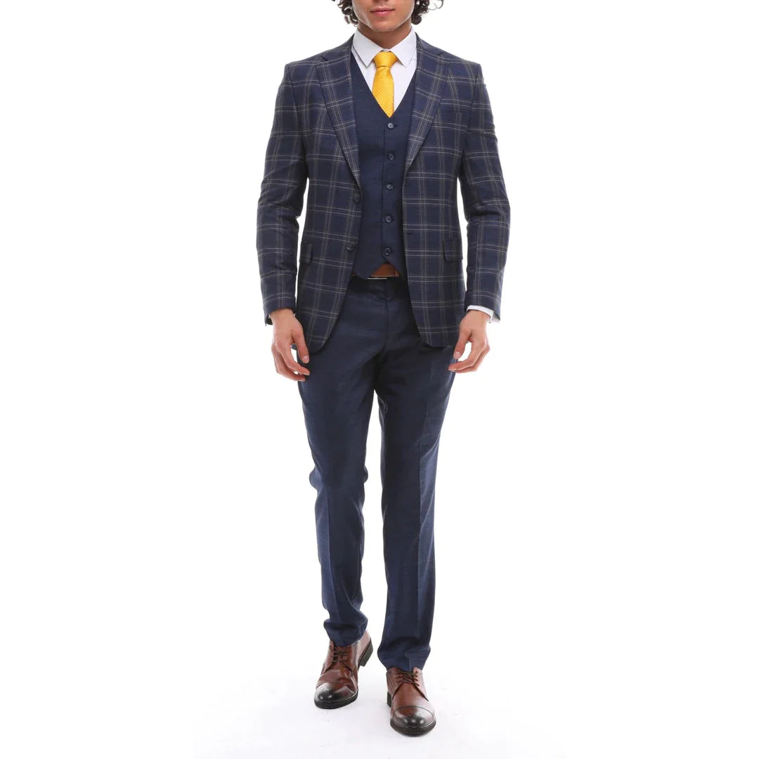 Traje de hombre de 3 piezas, azul marino, gris y marrón a cuadros, chaleco y pantalón en contraste.