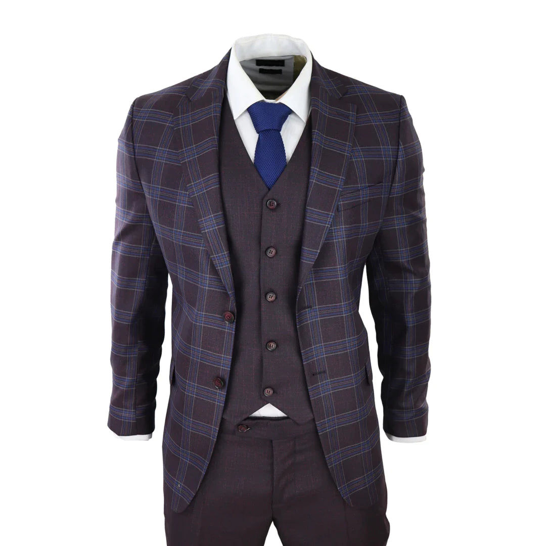 Traje de hombre de 3 piezas a cuadros morados y azules con chaleco y pantalón a cuadros en contraste para bodas.