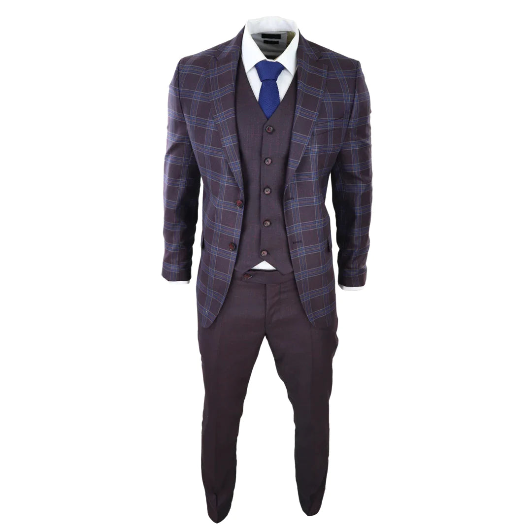 Traje de hombre de 3 piezas a cuadros morados y azules con chaleco y pantalón a cuadros en contraste para bodas.