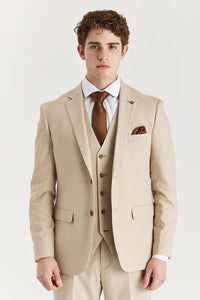 Belmont - Traje clásico de tres piezas para hombre, color beige, con solapa cosida.