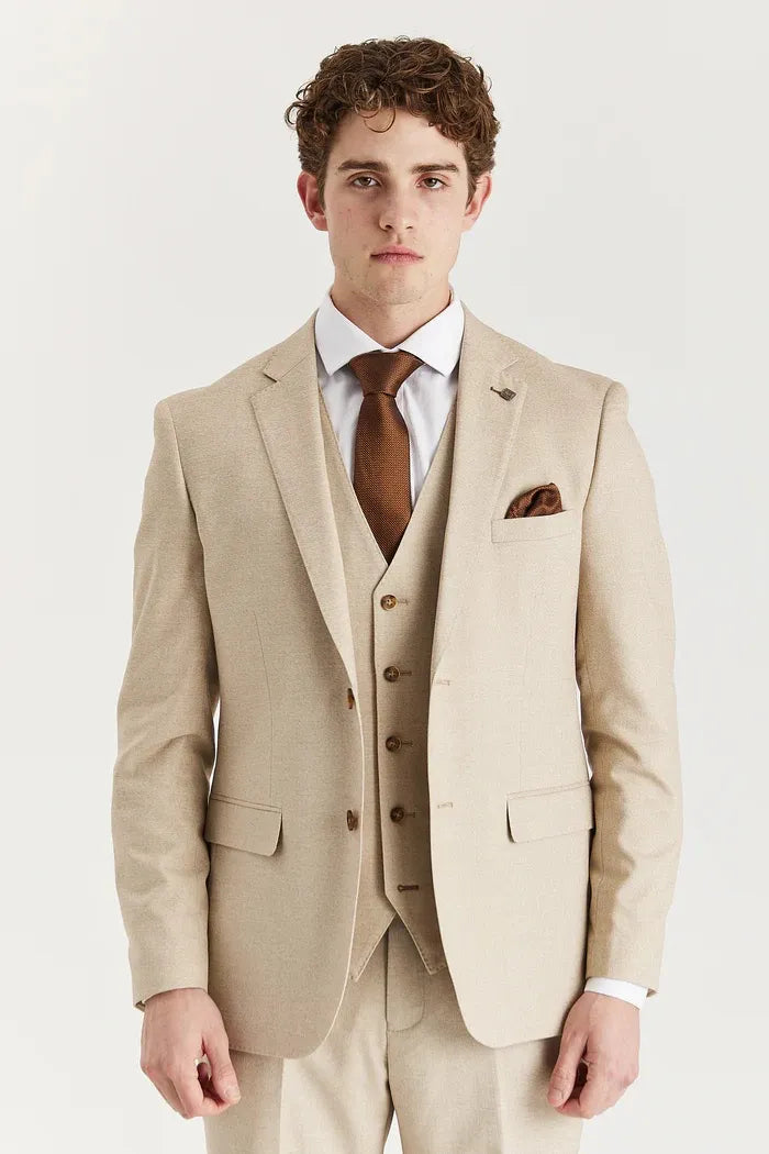 Belmont - Traje clásico de tres piezas para hombre, color beige, con solapa cosida.