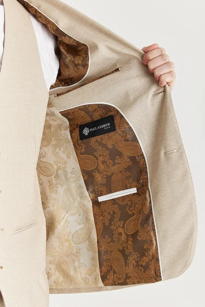 Belmont - Traje clásico de tres piezas para hombre, color beige, con solapa cosida.