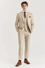 Belmont - Traje clásico de tres piezas para hombre, color beige, con solapa cosida.