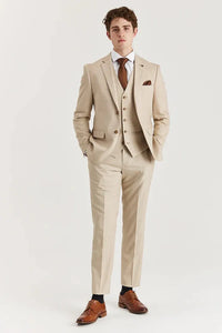 Belmont - Traje clásico de tres piezas para hombre, color beige, con solapa cosida.