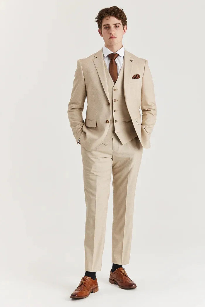 Belmont - Traje clásico de tres piezas para hombre, color beige, con solapa cosida.