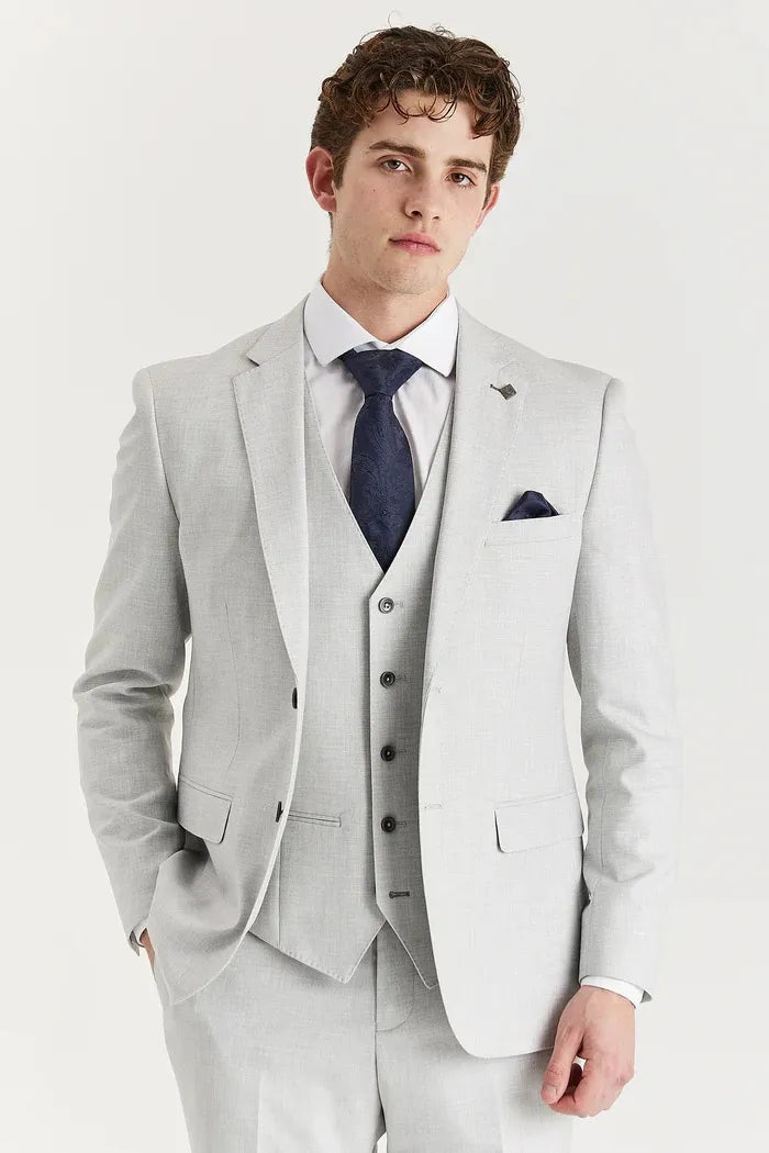 Belmont - Traje clásico de tres piezas para hombre, color plata, con solapa cosida.