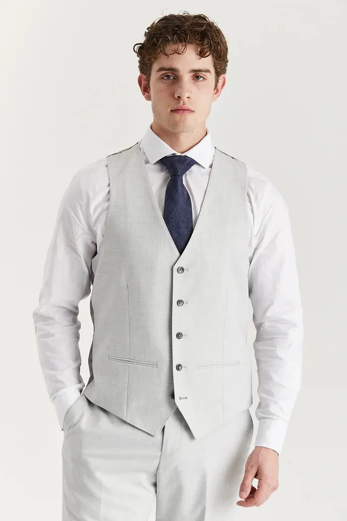 Belmont - Traje clásico de tres piezas para hombre, color plata, con solapa cosida.
