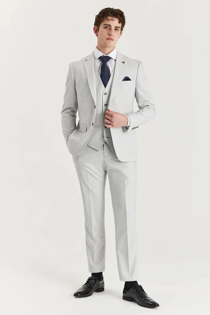 Belmont - Traje clásico de tres piezas para hombre, color plata, con solapa cosida.