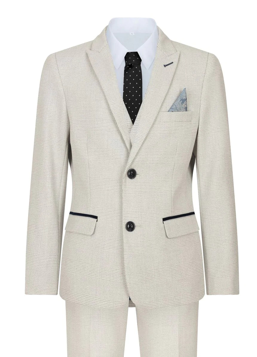 Traje de tres piezas para niño, de tweed color crema, para bodas y fiestas, con corte entallado, elegante y formal.