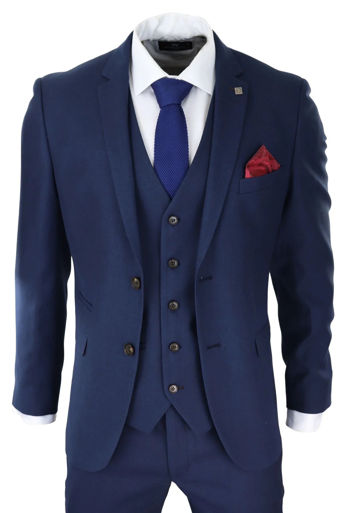 Traje de hombre azul marino de 3 piezas, corte entallado, elegante, formal, clásico, para bodas, retro vintage.