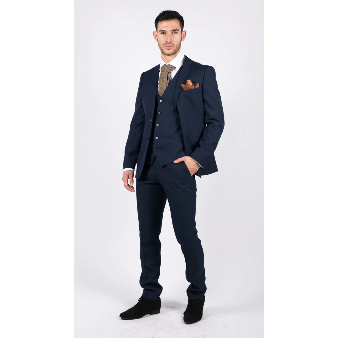 Traje de hombre azul marino de 3 piezas, corte entallado, elegante, formal, clásico, para bodas, retro vintage.