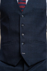 Traje de tres piezas para hombre, azul claro a cuadros, estilo Príncipe de Gales, con chaleco azul marino.