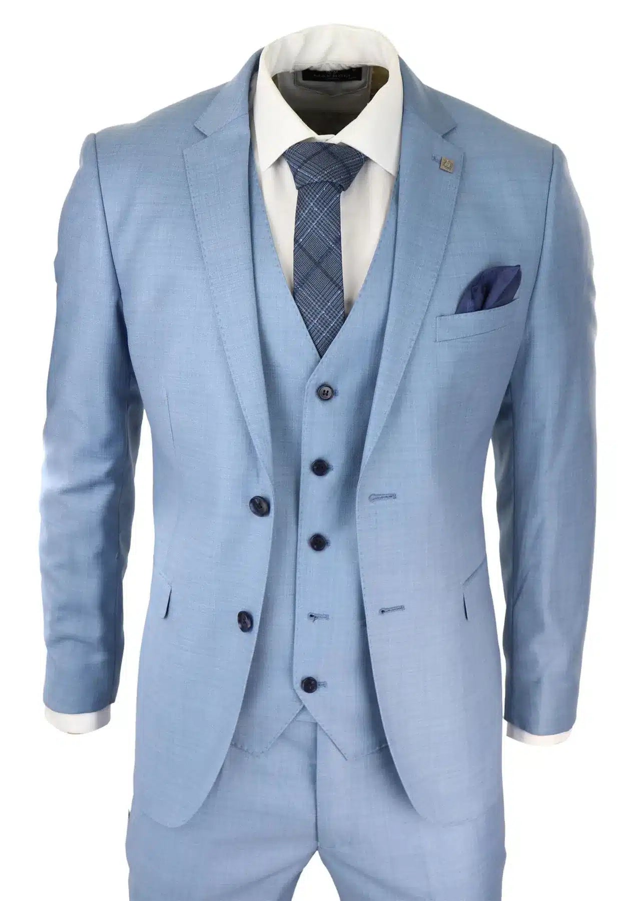 Traje de hombre azul claro de 3 piezas con costura clásica para bodas, verano y graduaciones.