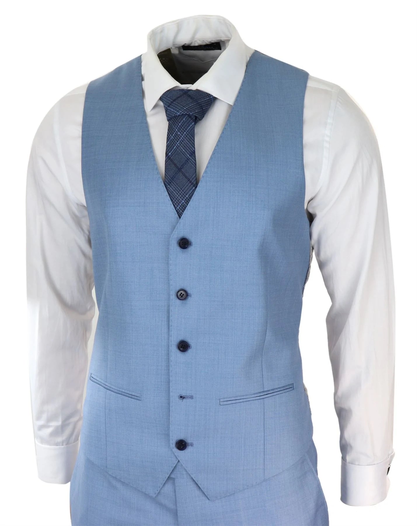 Traje de hombre azul claro de 3 piezas con costura clásica para bodas, verano y graduaciones.