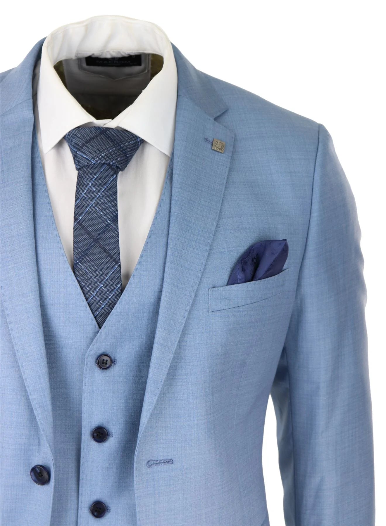 Traje de hombre azul claro de 3 piezas con costura clásica para bodas, verano y graduaciones.