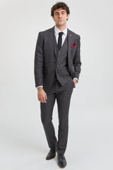 Traje de hombre de 3 piezas gris oscuro carbón con costura clásica para bodas, verano y graduaciones.