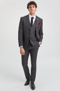 Traje de hombre de 3 piezas gris oscuro carbón con costura clásica para bodas, verano y graduaciones.