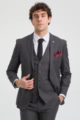 Traje de hombre de 3 piezas gris oscuro carbón con costura clásica para bodas, verano y graduaciones.
