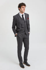 Traje de hombre de 3 piezas gris oscuro carbón con costura clásica para bodas, verano y graduaciones.