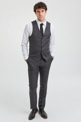 Traje de hombre de 3 piezas gris oscuro carbón con costura clásica para bodas, verano y graduaciones.