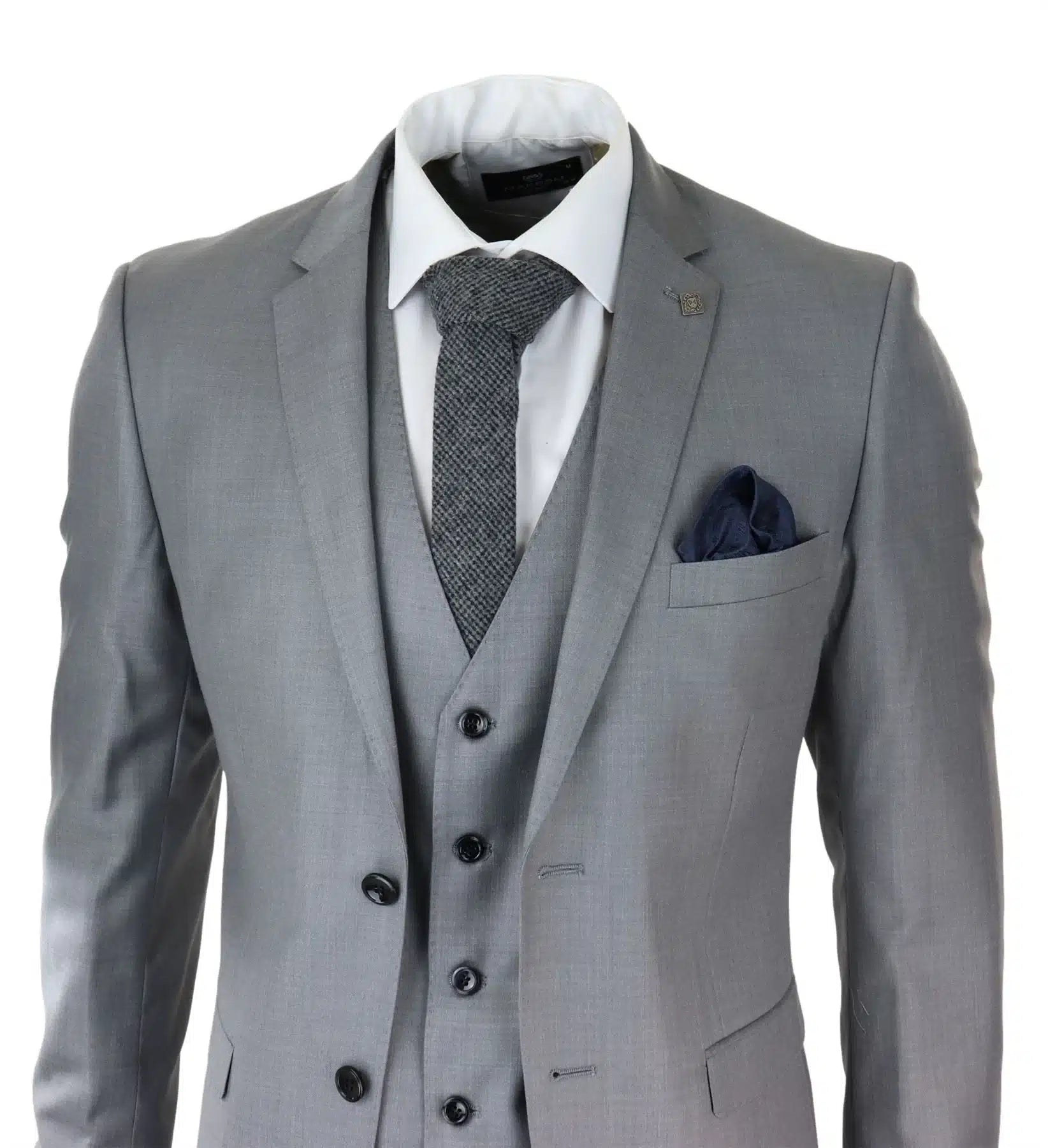 Traje de hombre gris claro de 3 piezas con costura clásica para bodas, verano y graduaciones. Traje clásico para novios.