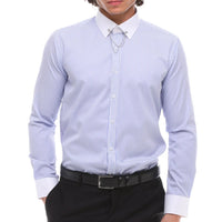 Camisa de popelina a rayas para hombre con botones, barra y cadena, estilo clásico formal.