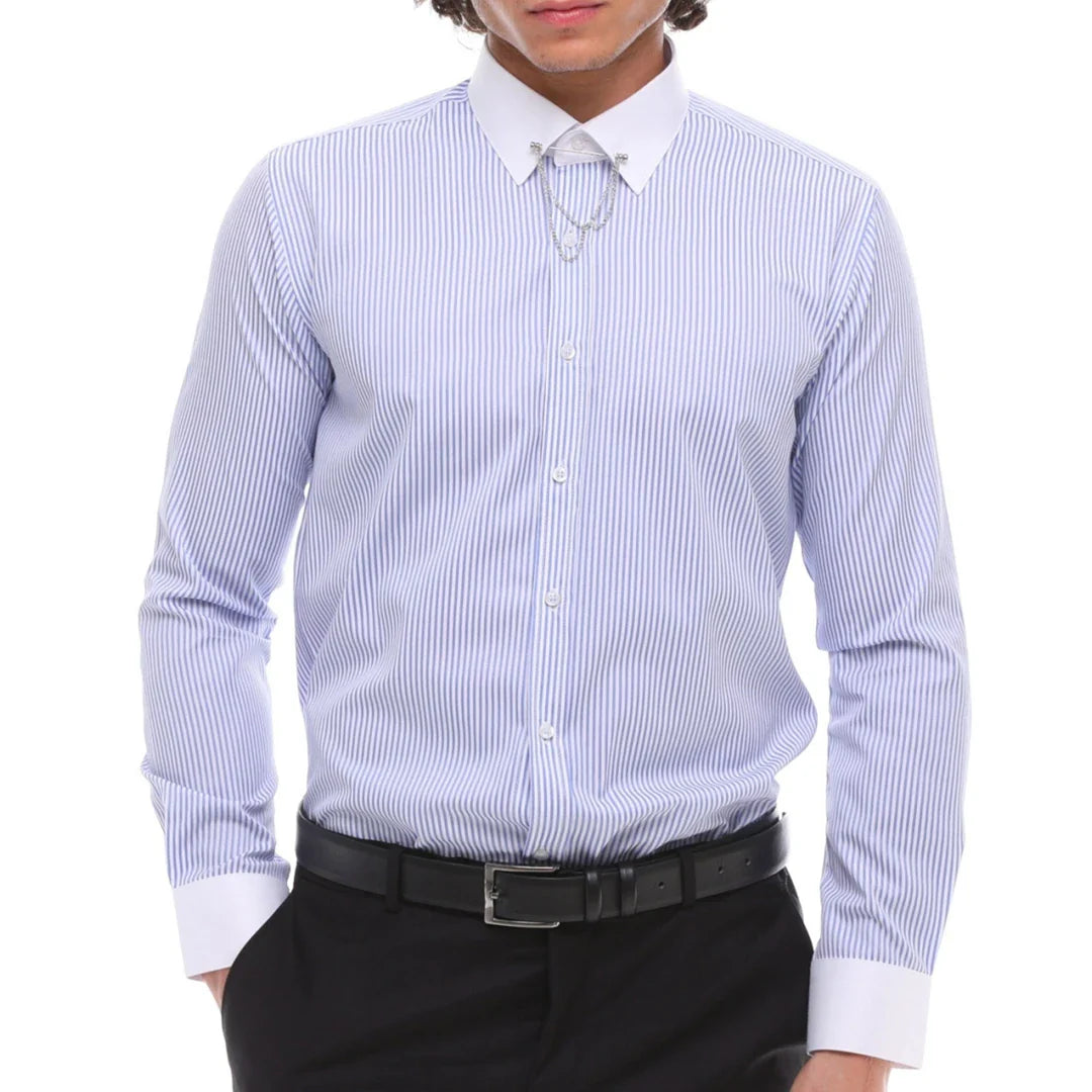 Camisa de popelina a rayas para hombre con botones, barra y cadena, estilo clásico formal.