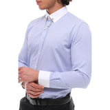 Camisa de popelina a rayas para hombre con botones, barra y cadena, estilo clásico formal.