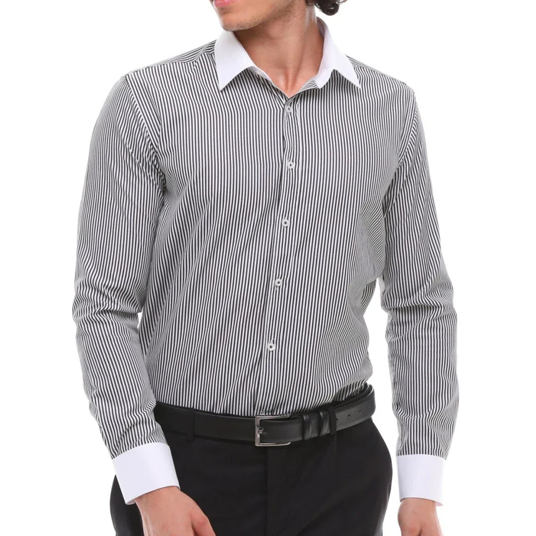 Camisa de vestir formal de hombre con botones, rayas y cuello clásico - Negra