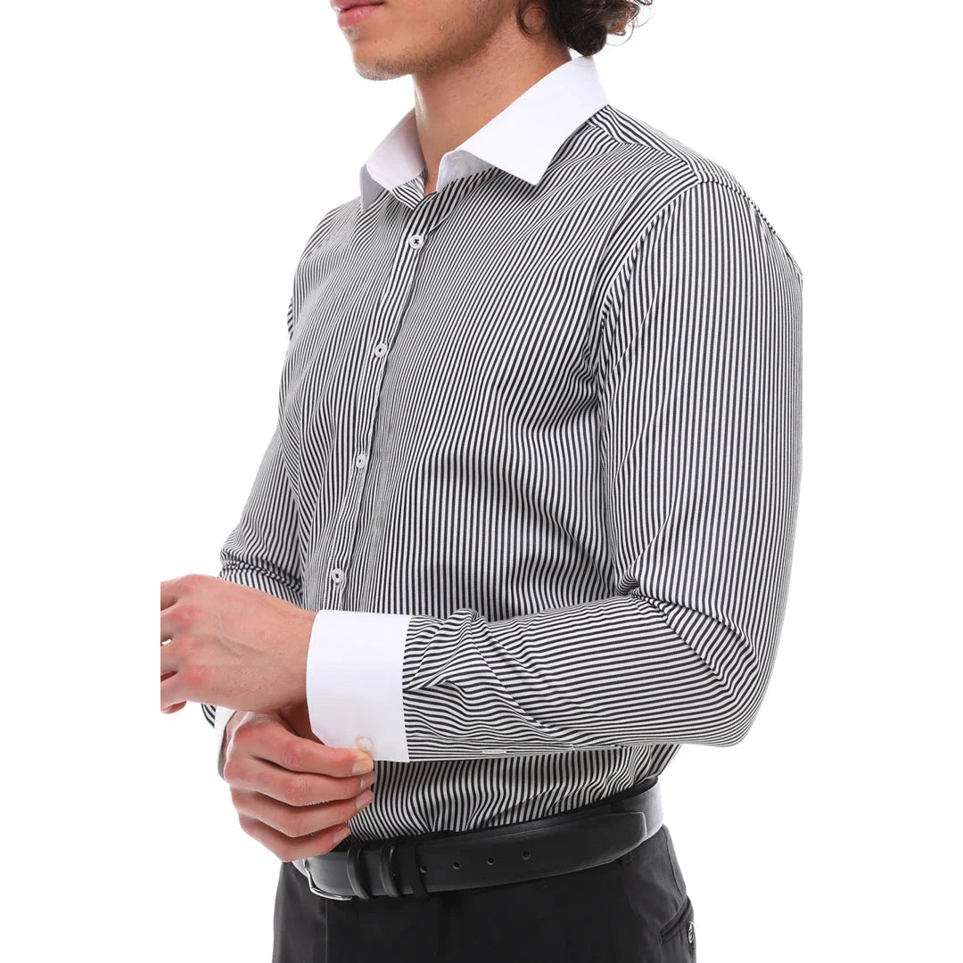 Camisa de vestir formal de hombre con botones, rayas y cuello clásico - Negra
