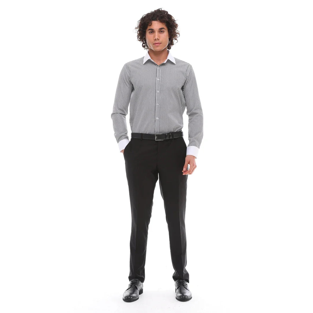 Camisa de vestir formal de hombre con botones, rayas y cuello clásico - Negra