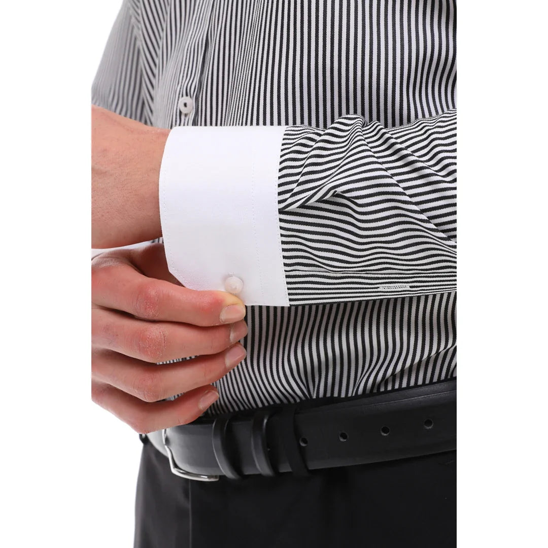 Camisa de vestir formal de hombre con botones, rayas y cuello clásico - Negra
