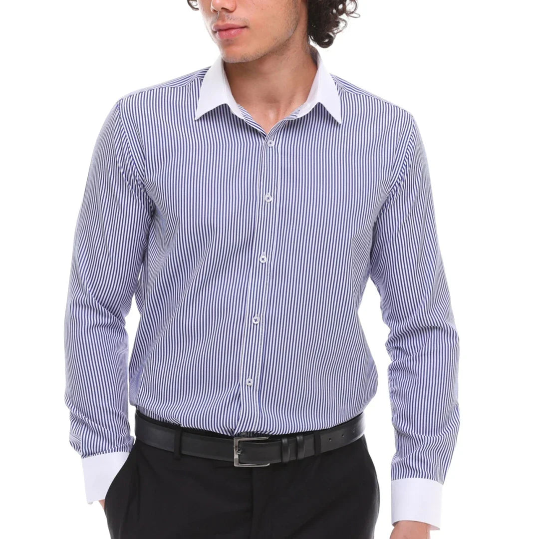 Camisa de vestir formal de hombre con botones, rayas y cuello clásico - Azul