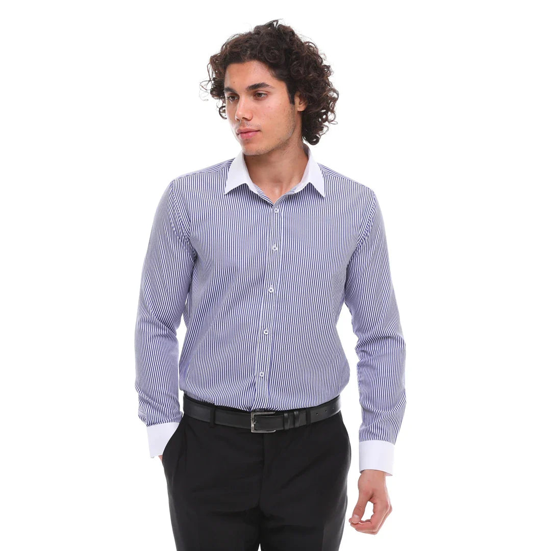 Camisa de vestir formal de hombre con botones, rayas y cuello clásico - Azul
