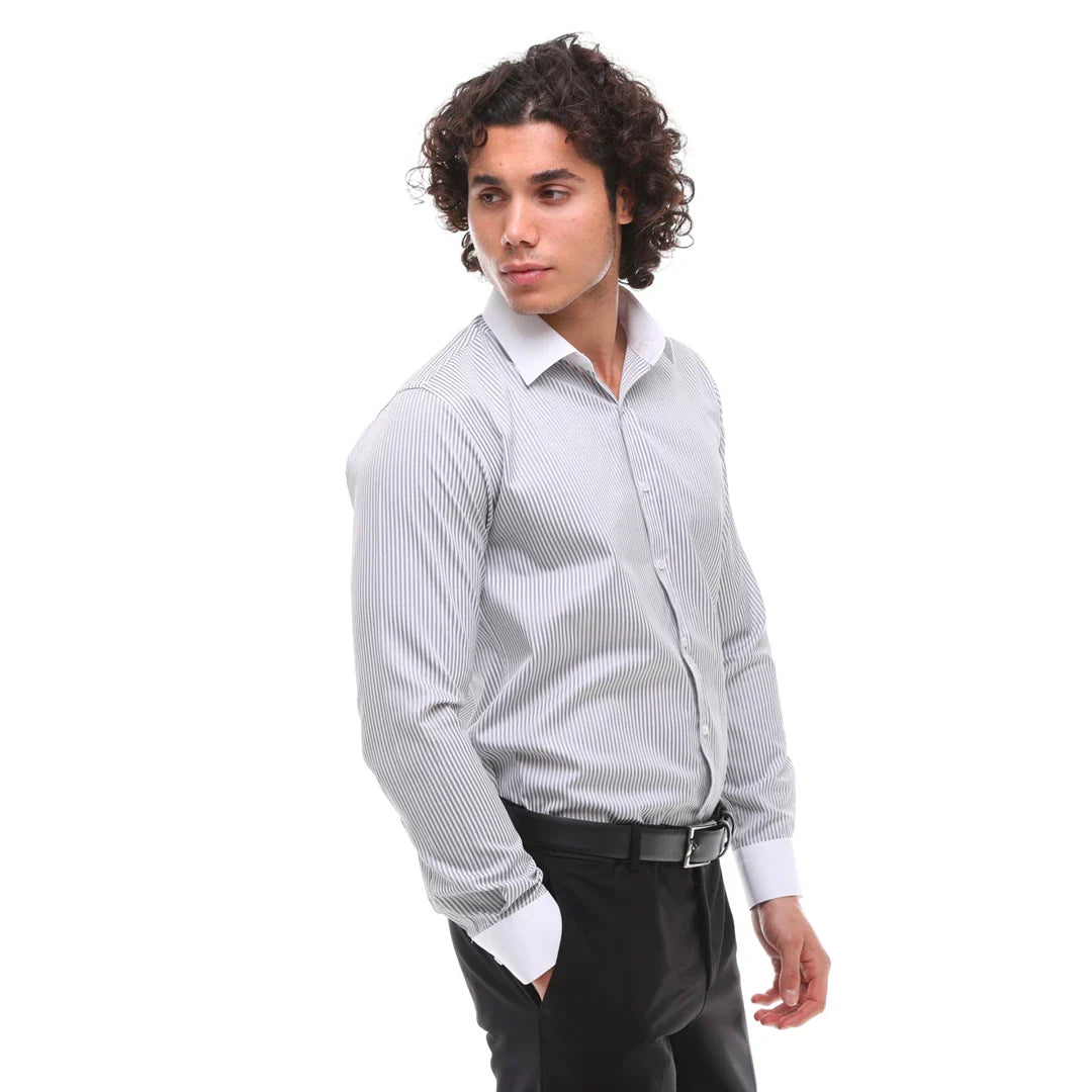 Camisa de vestir formal de hombre con botones, rayas y cuello clásico - Gris