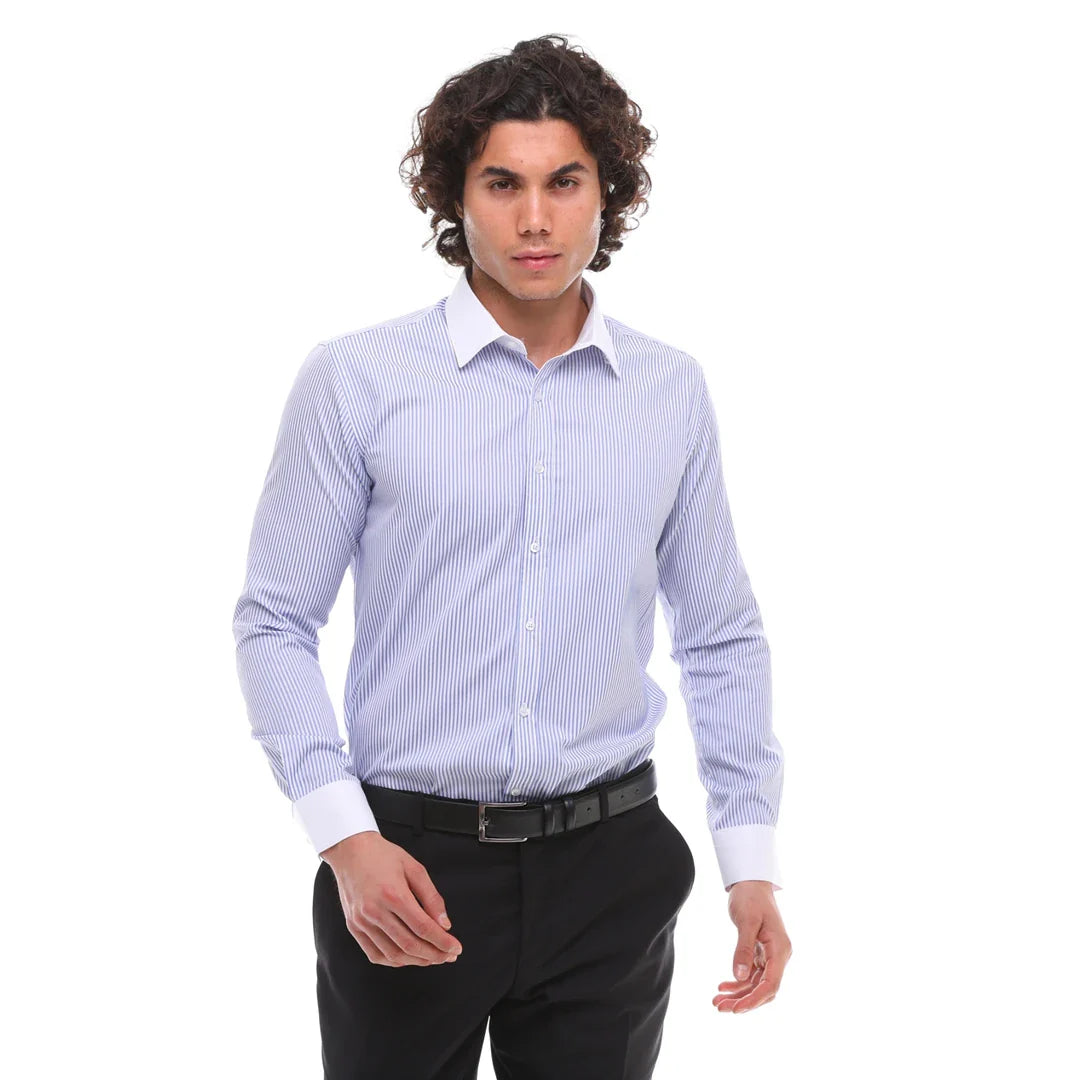Camisa de vestir formal de hombre con botones, rayas y cuello clásico - Azul