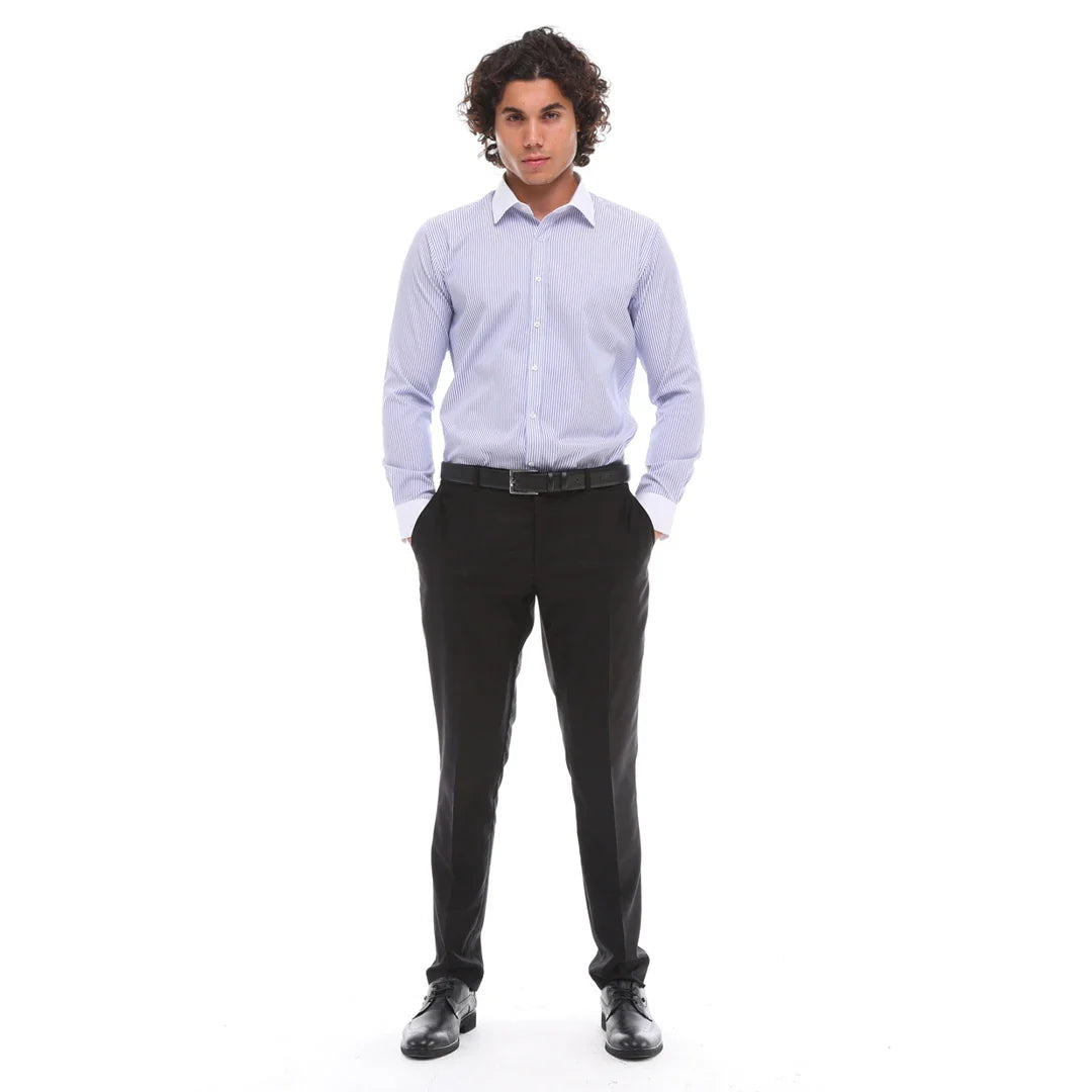 Camisa de vestir formal de hombre con botones, rayas y cuello clásico - Azul