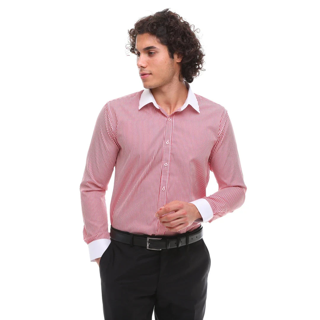 Camisa de vestir formal de hombre con botones, rayas y cuello clásico - Roja