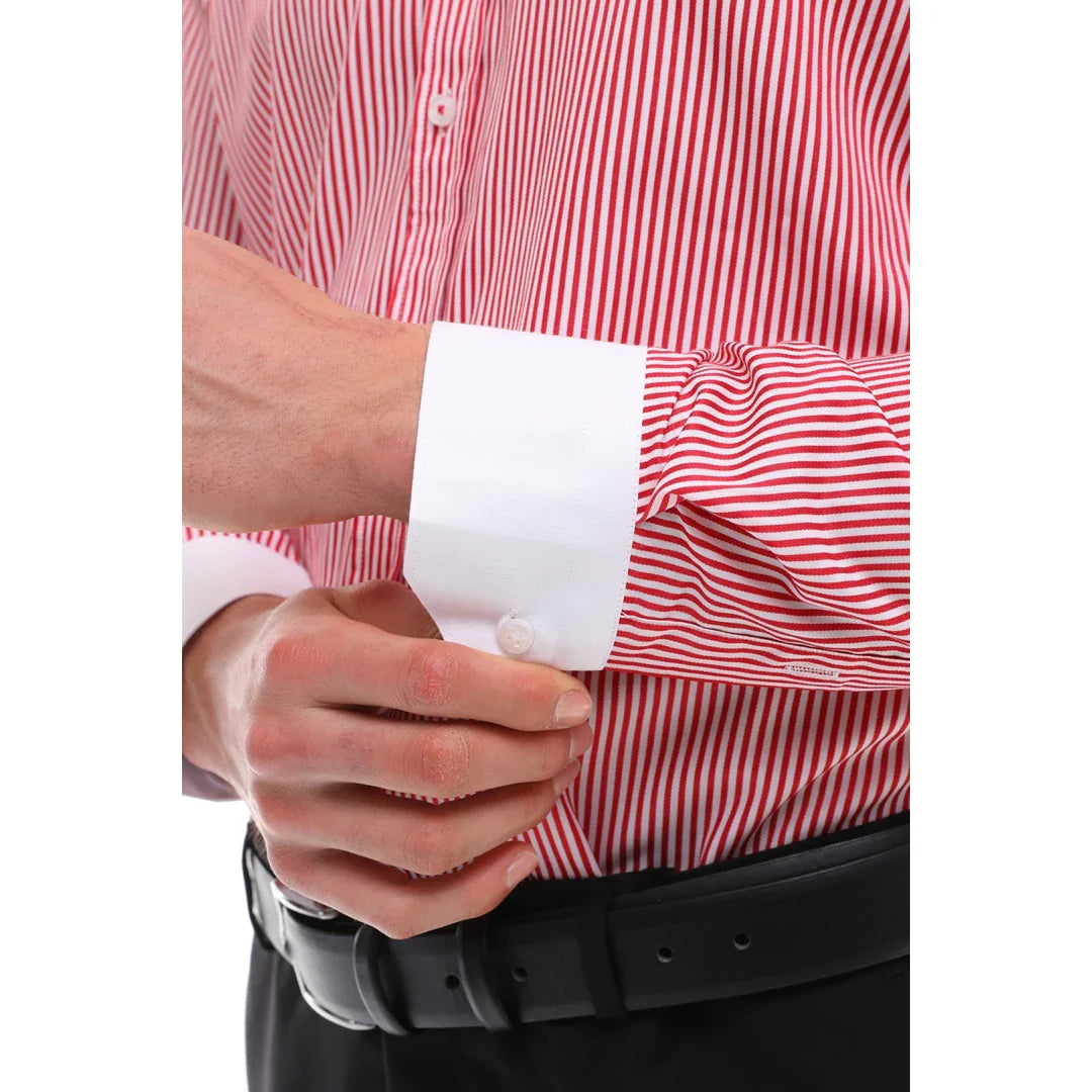 Camisa de vestir formal de hombre con botones, rayas y cuello clásico - Roja