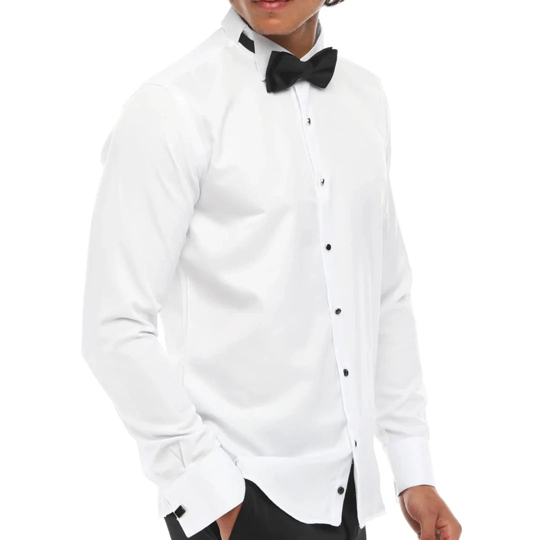 Camisa de esmoquin blanca clásica con cuello de alas y puños dobles para hombre.
